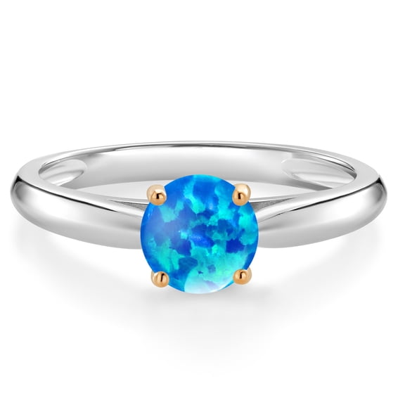 Gem Stone King 0.30 Ct Round Cabochon Blue Simulated Opal 10K White and Yellow Gold Solitaire Engagement Ring (Size 6)