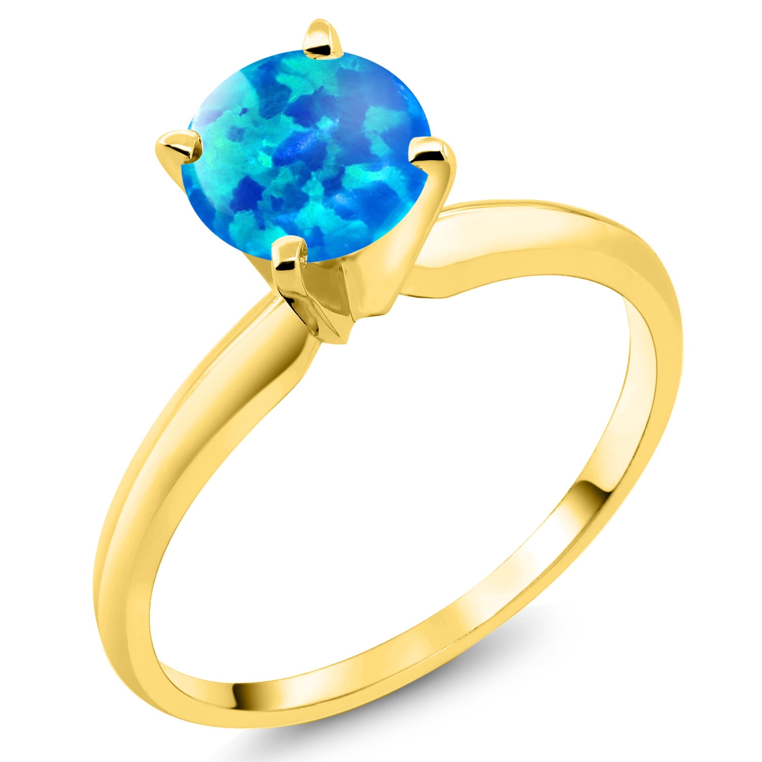 Gem Stone King 14K Yellow Gold Blue Opal Solitaire Engagement 4-Prong Ring for Women | 0.30 Cttw | Round 6MM | Gemstone October Birthstone (Size 7)