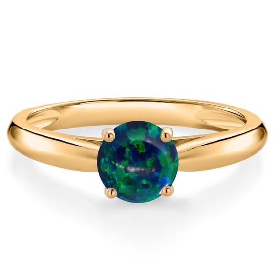Gem Stone King 0.30 Ct Round Cabochon Green Simulated Opal 10K Yellow Gold Solitaire Engagement Ring