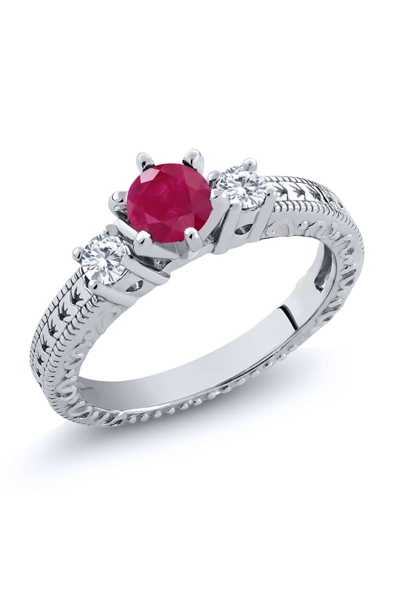 0.75 Ct Round Red Ruby E-F Lab Grown Diamond 925 Sterling Silver Ring (Size 5)