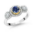 thumbnail image 1 of Gem Stone King 0.76 Ct Blue Created Sapphire E-F Lab Grown Diamond 925 Silver and 10K Yellow Gold 3 Stone Women Engagement Ring (Size 7), 1 of 3