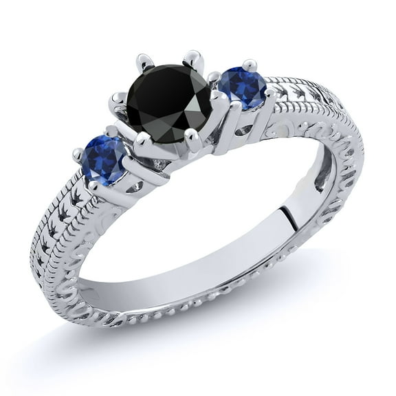 Gem Stone King 0.76 Ct Round Black Onyx Blue Created Sapphire 925 Sterling Silver Ring (Size 5)