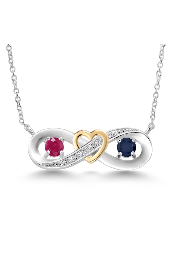 0.76 Ct Round Red Ruby Blue Sapphire 925 Silver and 10K Yellow Gold Two-Tone Heart Interlocking Infinity Symbol Lab Grown Diamond Pendant Necklace for Women with 18 inch Chain