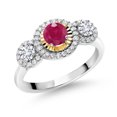 thumbnail image 1 of Gem Stone King 0.76 Ct Round Red Ruby E-F Lab Grown Diamond 925 Silver and 10K Yellow Gold 3 Stone Women's Ring (Size 7), 1 of 3