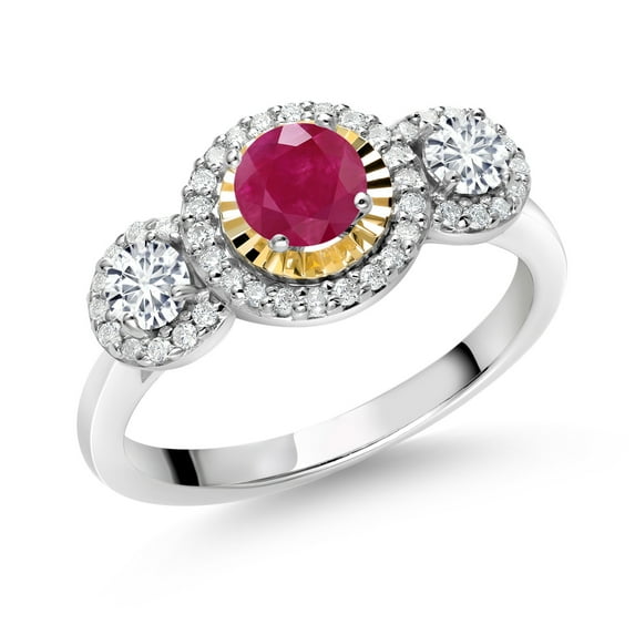 Gem Stone King 0.76 Ct Round Red Ruby E-F Lab Grown Diamond 925 Silver and 10K Yellow Gold 3 Stone Women's Ring (Size 6)