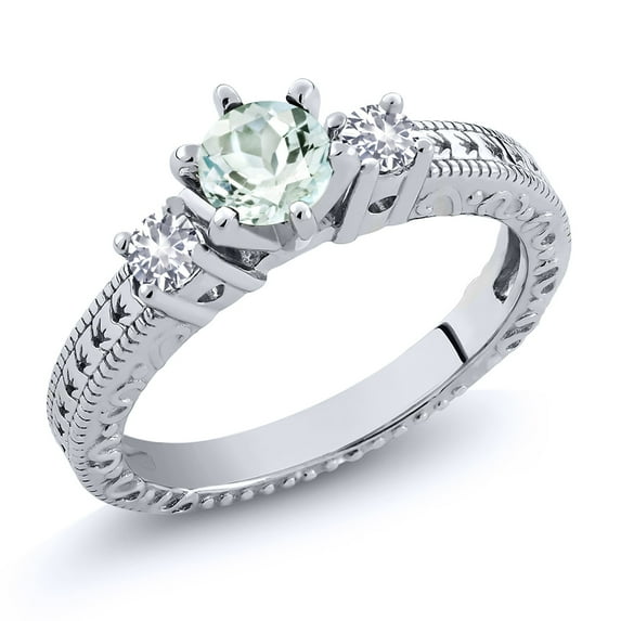 Gem Stone King 0.76 Ct Round Sky Blue Aquamarine White Created Sapphire 925 Sterling Silver Ring (Size 5)