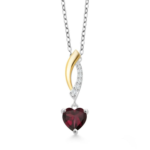 Gem Stone King 0.77 Ct Heart Shape Red Rhodolite Garnet 925 Silver and 10K Yellow Gold Lab Grown Diamond Pendant Necklace with Chain