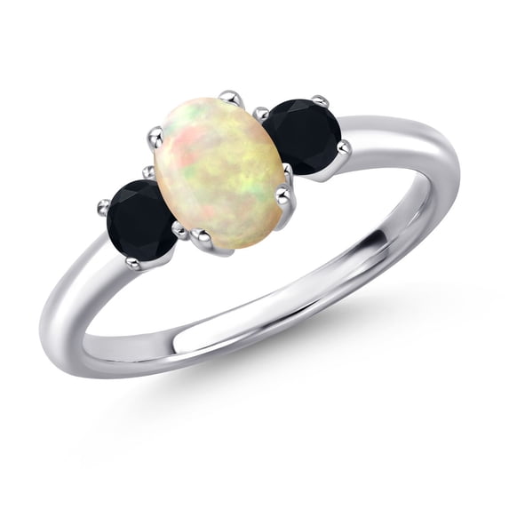 Gem Stone King 925 Sterling Silver White Ethiopian Opal and Black Onyx Engagement Ring for Women | 0.77 Cttw | Oval Cabochon 7X5MM | Gemstone October Birthstone | Size 8