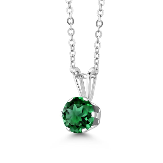 Gem Stone King 0.77 Ct Round Green Simulated Emerald 925 Sterling Silver 6-Prongs Pendant With Chain