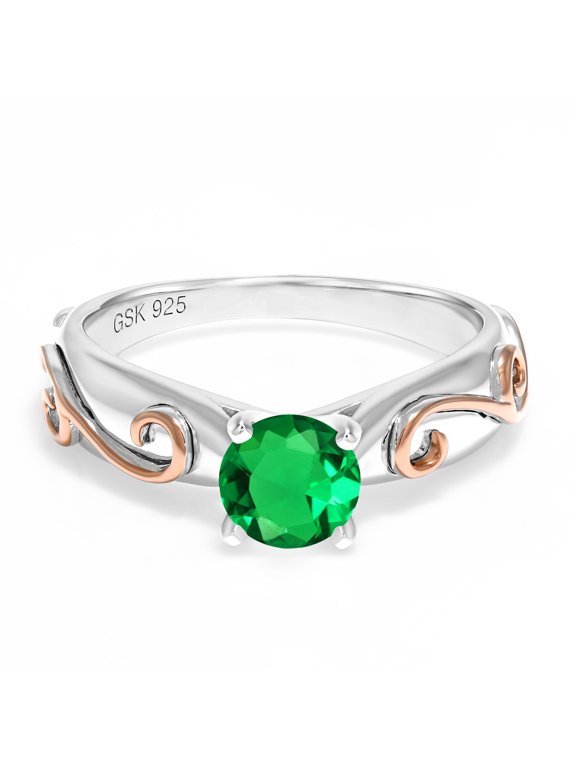 0.77 Ct Round Green Simulated Emerald 925 Sterling Silver 2 Tone Vine Ring (Size 9)