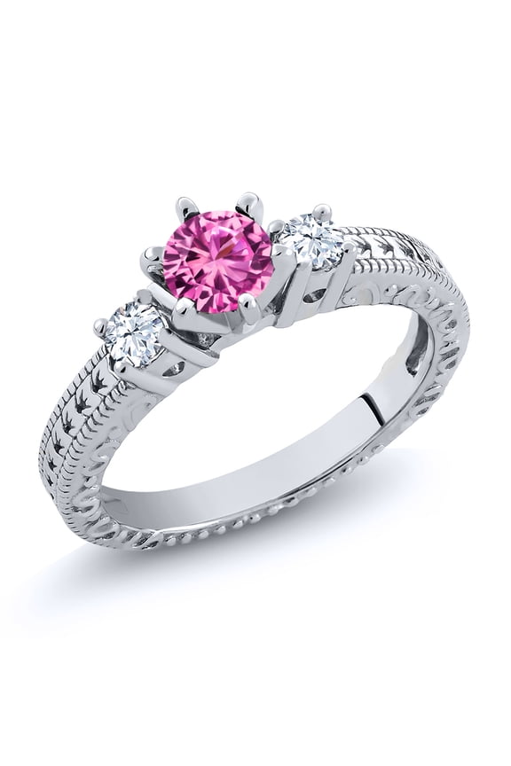 0.77 Ct Round Pink Created Sapphire 925 Sterling Silver Ring (Size 5)