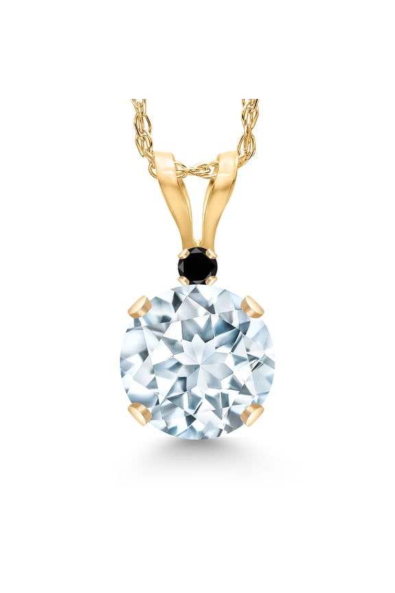 14K Yellow Gold Sky Blue Aquamarine and Black Diamond Pendant Necklace for Women | 0.77 Cttw | Gemstone March Birthstone | Round 6MM | With 18 inch Chain