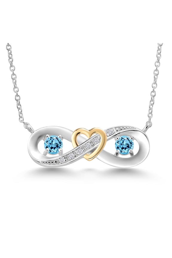 0.77 Ct Round Swiss Blue Topaz 925 Silver and 10K Yellow Gold Two-Tone Heart Interlocking Infinity Symbol Lab Grown Diamond Pendant Necklace for Women with 18 inch Chain