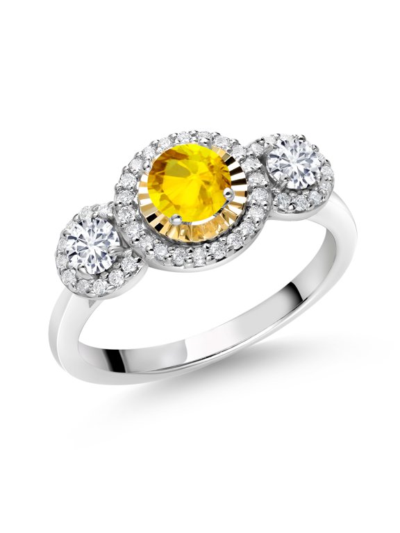 0.77 Ct Yellow Sapphire E-F Lab Grown Diamond 925 Silver and 10K Yellow Gold 3 Stone Women's Ring (Size 5)