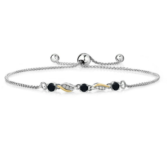 Gem Stone King 0.78 Ct Black Onyx G/H Lab Grown Diamond 925 Silver and 10K Yellow Gold Bracelet