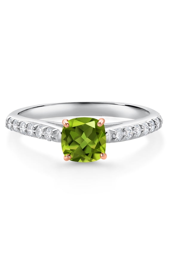 0.78 Ct Green Peridot G/H Lab Grown Diamond 10K White Gold Engagement Ring with Rose Gold Prongs (Size 5)