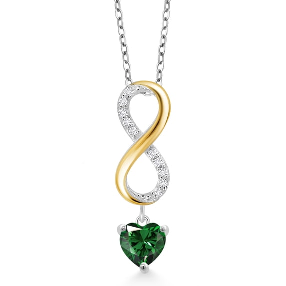 Gem Stone King 0.78 Ct Heart Shape Green Nano Emerald 925 Silver 10K Yellow Gold Lab Grown Diamond Infinity Pendant Necklace with Chain