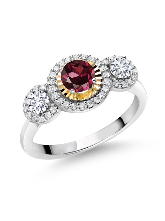 0.78 Ct Red Rhodolite Garnet E-F Lab Grown Diamond 925 Silver and 10K Yellow Gold 3 Stone Women's Ring (Size 5)