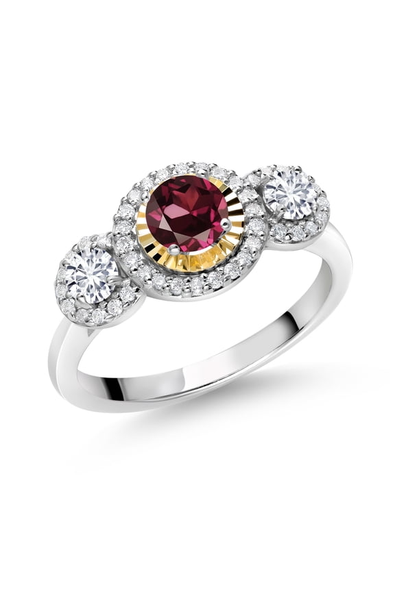 0.78 Ct Red Rhodolite Garnet E-F Lab Grown Diamond 925 Silver and 10K Yellow Gold 3 Stone Women's Ring (Size 7)