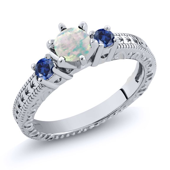 Gem Stone King 0.78 Ct Round Cabochon White Simulated Opal Blue Created Sapphire 925 Sterling Silver Ring (Size 5)