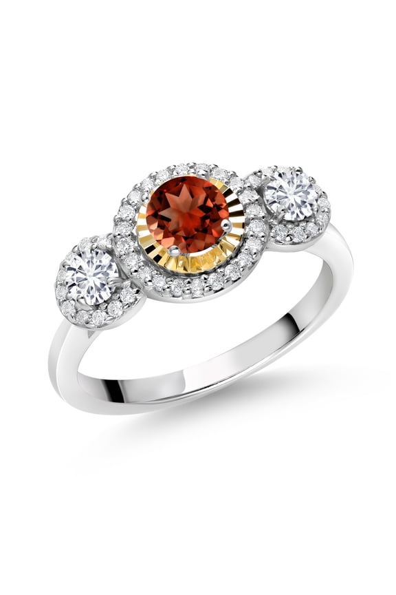 0.78 Ct Round Red Garnet E-F Lab Grown Diamond 925 Silver and 10K Yellow Gold 3 Stone Women's Ring (Size 6)