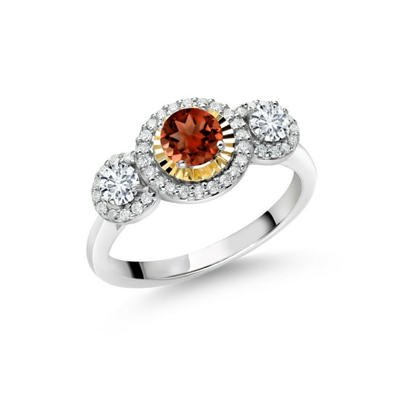 Gem Stone King 0.78 Ct Round Red Garnet G-H Lab Grown Diamond 925 Silver and 10K Yellow Gold 3 Stone Women's Ring