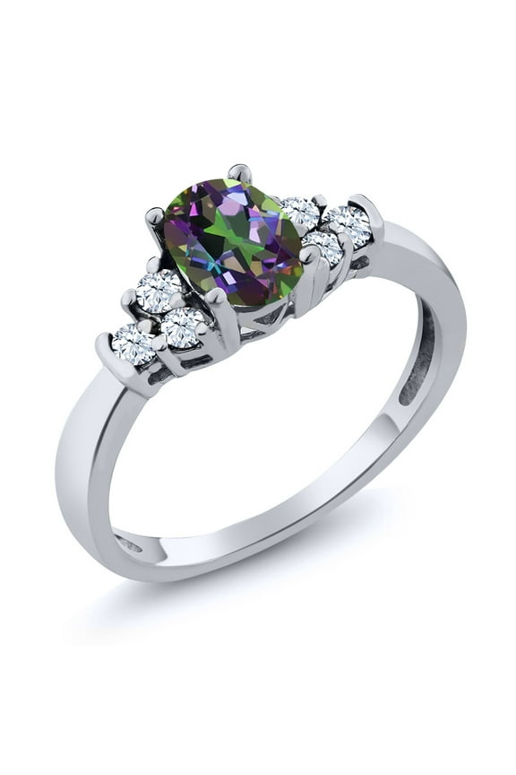 0.79 Ct Oval Green Mystic Topaz White Topaz 925 Sterling Silver Women's Ring