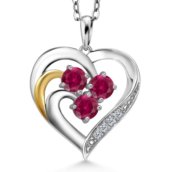 Gem Stone King 0.79 Ct Red Created Ruby E-F Lab Grown Diamond 925 Silver and 10K Yellow Gold Pendant