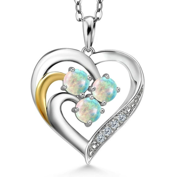 Gem Stone King 0.79 Ct Round Cabochon White Simulated Opal E-F Lab Grown Diamond 925 Silver and 10K Yellow Gold Pendant