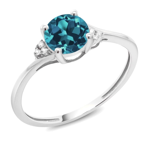 Gem Stone King 0.79 Ct Round London Blue Topaz White Diamond 10K White Gold Ring