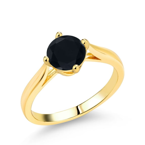 Gem Stone King 0.80 Ct Round Black Onyx Brass Yellow Gold Plated Brass Ring (Size 6)