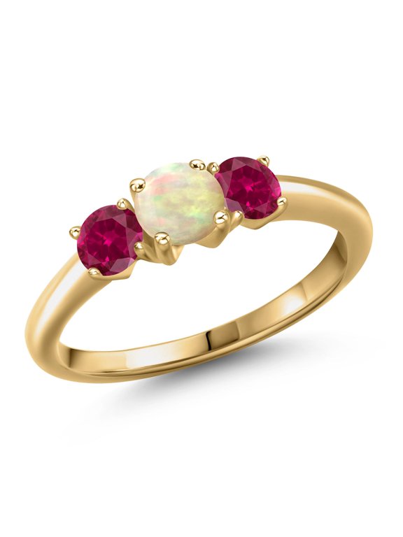 18K Yellow Gold Plated Silver White Ethiopian Opal and Red Created Ruby Engagement Ring for Women | 0.80 Cttw | Round Cabochon 5MM | Gemstone October Birthstone | Size 7