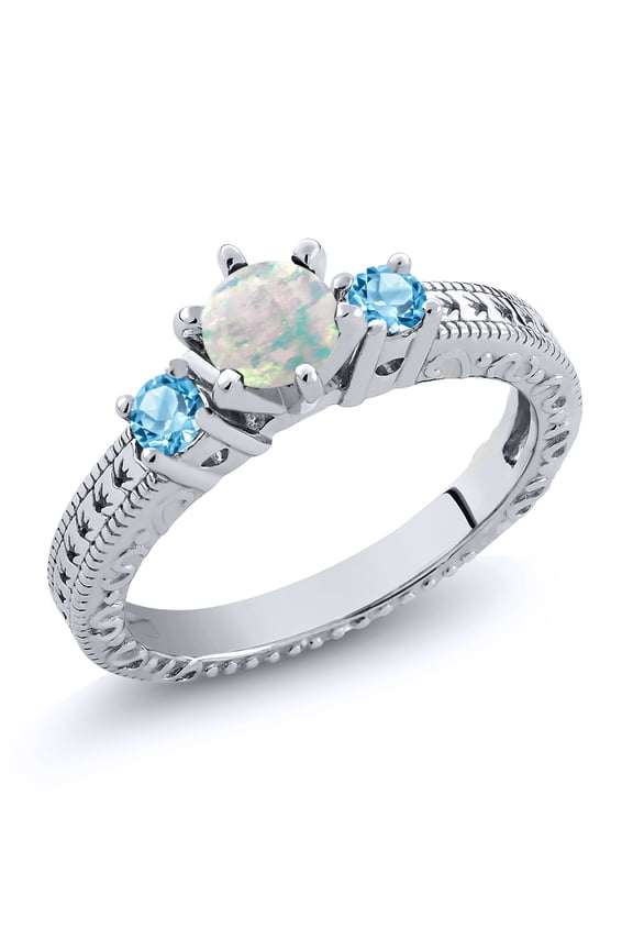 0.80 Ct Round Cabochon White Simulated Opal Swiss Blue Topaz 925 Sterling Silver Ring (Size 5)