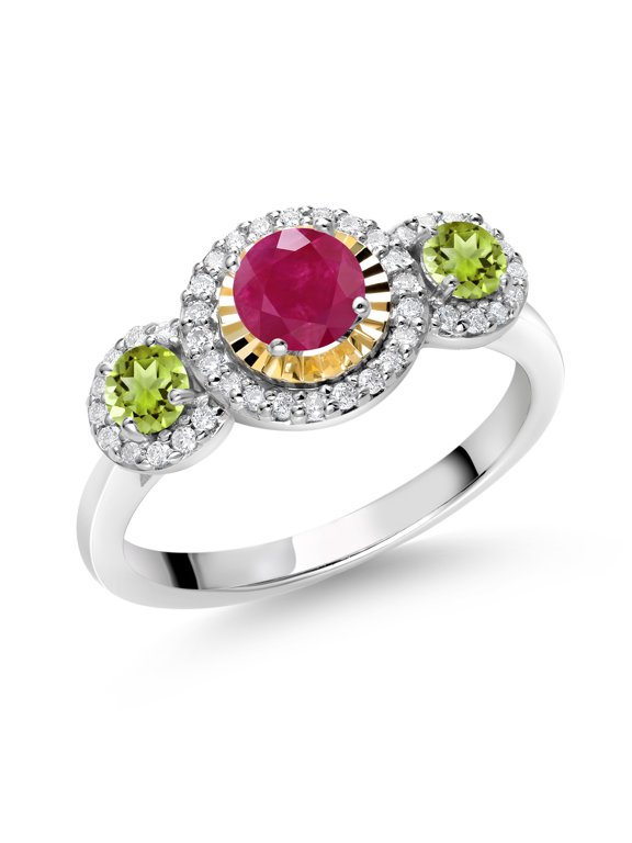 0.80 Ct Round Red Ruby Green Peridot 925 Silver and 10K Yellow Gold 3 Stone Women's Lab Grown Diamond Ring (Size 9)