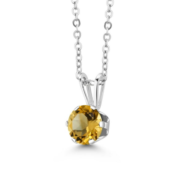 Gem Stone King 0.80 Ct Round Yellow Citrine 925 Sterling Silver 6-Prongs Pendant With Chain