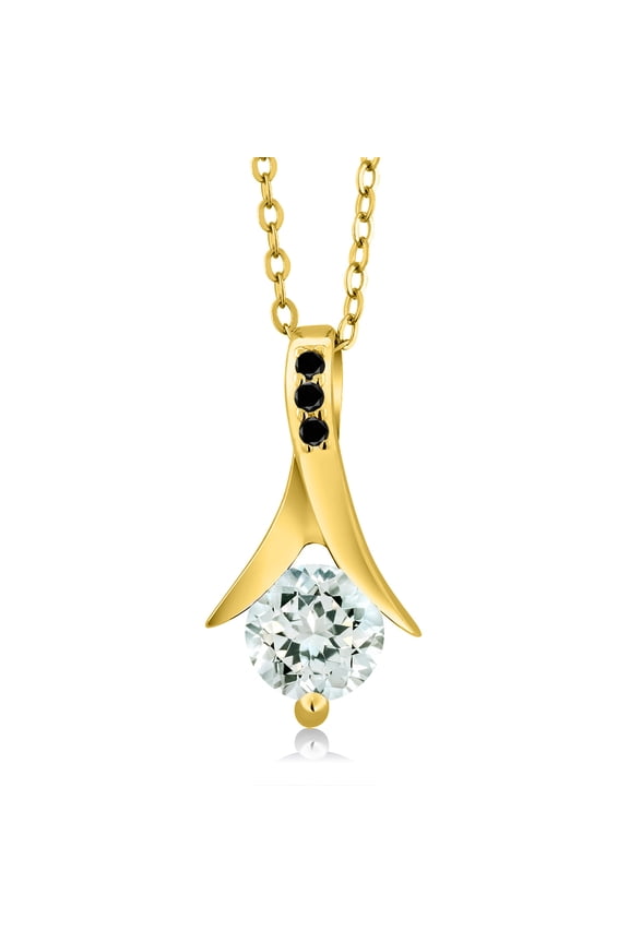 0.80 Ct Sky Blue Aquamarine Black Diamond 18K Yellow Gold Plated Silver Pendant with Chain