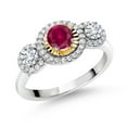 thumbnail image 1 of Gem Stone King 0.81 Ct Red Created Ruby E-F Lab Grown Diamond 925 Silver and 10K Yellow Gold 3 Stone Women Engagement Ring (Size 6), 1 of 3
