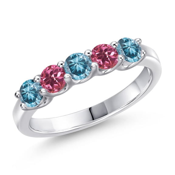 Gem Stone King 0.81 Ct Round Blue Lab Grown Diamond Pink Tourmaline 925 Sterling Silver Ring