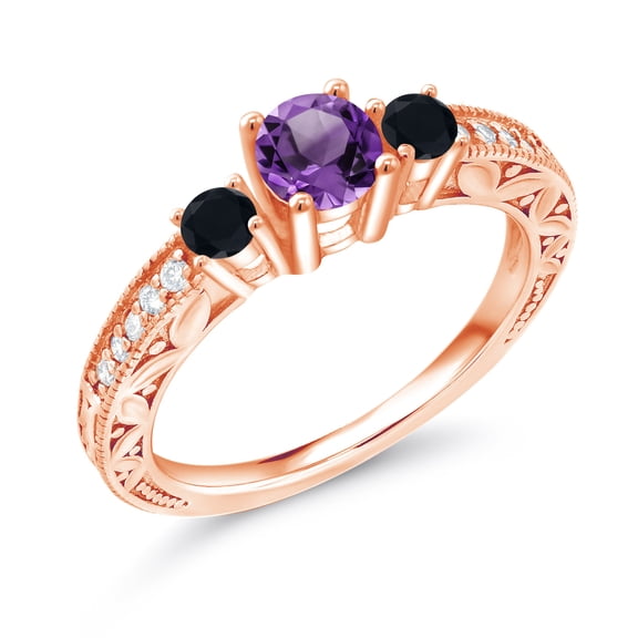 Gem Stone King 0.81 Ct Round Purple Amethyst Black Onyx 18K Rose Gold Plated Silver Ring (Size 6)