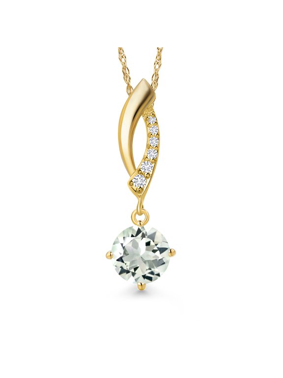 14K Yellow Gold Green Prasiolite and E - F Lab Grown Diamond Pendant Necklace for Women | 0.83 Cttw | Gemstone Birthstone | Round 6MM | With 18 inch Chain