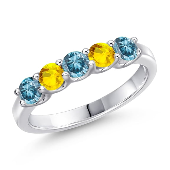 Gem Stone King 0.83 Ct Round Blue Lab Grown Diamond Yellow Sapphire 925 Sterling Silver Ring