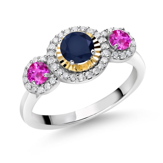 Gem Stone King 0.83 Ct Round Blue Sapphire Pink Sapphire 925 Silver and 10K Yellow Gold 3 Stone Women's Lab Grown Diamond Ring (Size 9)