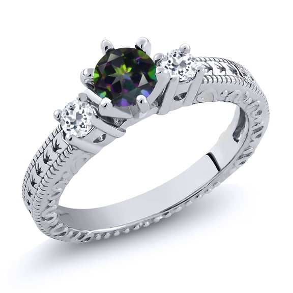 Gem Stone King 0.83 Ct Round Green Mystic Topaz White Topaz 925 Sterling Silver Ring (Size 6)