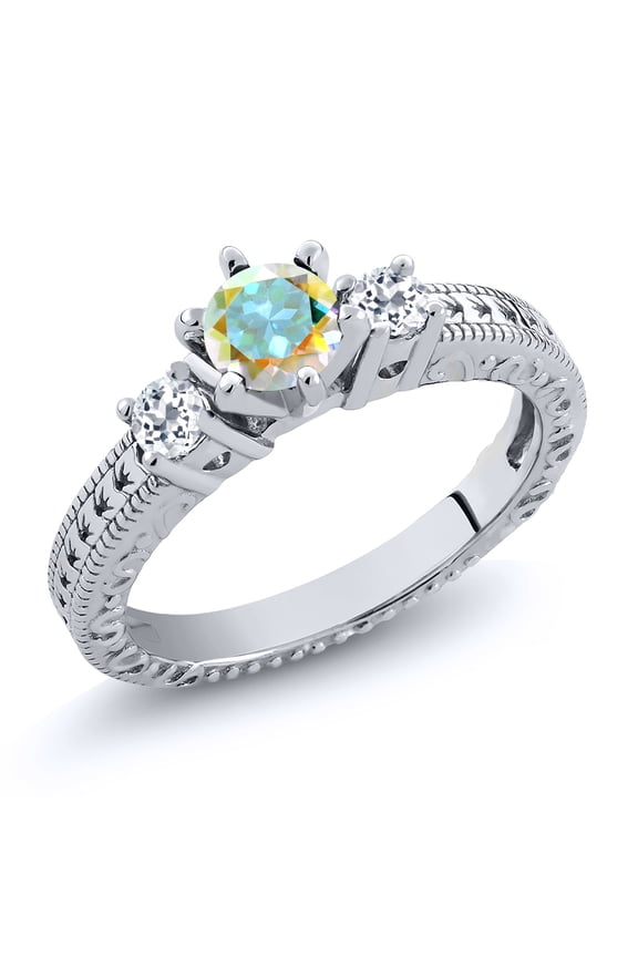 0.83 Ct Round Mercury Mist Mystic Topaz White Topaz 925 Sterling Silver Ring (Size 5)