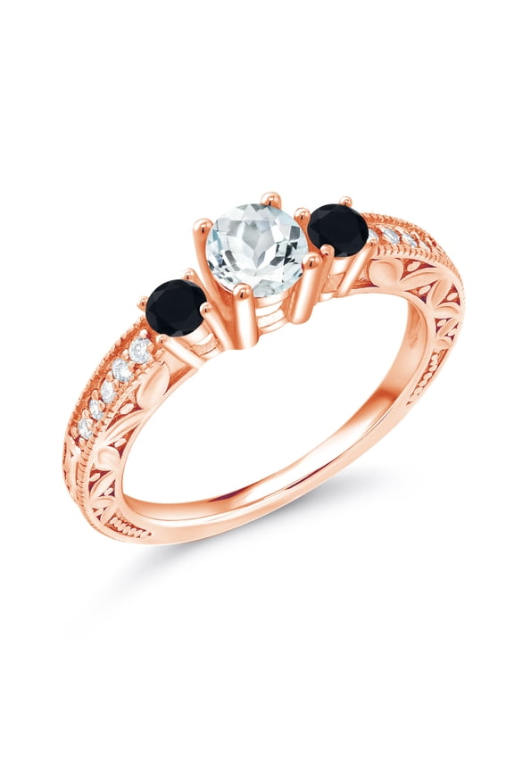 0.83 Ct Round Sky Blue Aquamarine Black Onyx 18K Rose Gold Plated Silver Ring (Size 6)