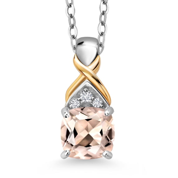 Gem Stone King 0.84 Ct Cushion Peach Morganite 925 Silver and 10K Yellow Gold Lab Grown Diamond Pendant Necklace with Chain
