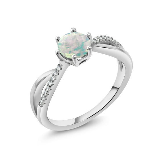 Gem Stone King 0.84 Ct Round Cabochon White Simulated Opal 925 Sterling Silver Infinity Ring 6 Prongs