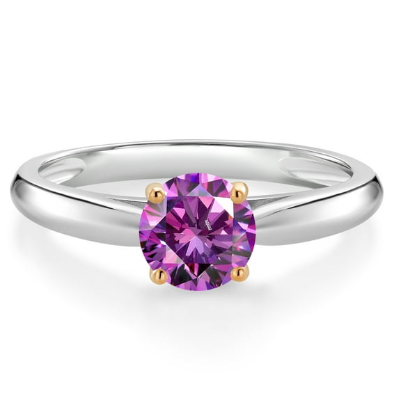 Gem Stone King 0.84 Ct Round Fancy Purple Zirconia 10K White and Yellow Gold Solitaire Engagement Ring (Size 5)