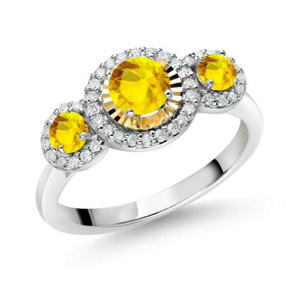 Gem Stone King 0.84 Ct Round Yellow Sapphire 925 Silver and 10K Yellow Gold 3 Stone Women's Lab Grown Diamond Ring (Size 5)