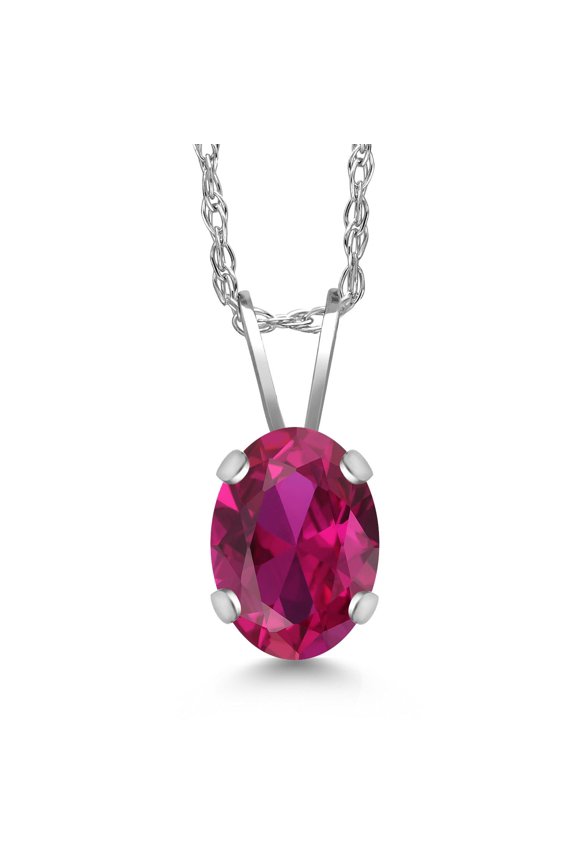 0.85 Ct Oval Red Created Ruby 14K White Gold Pendant with Chain